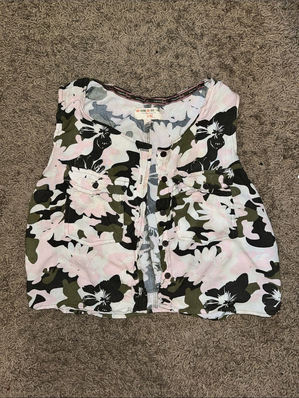 Triple Five Soul Pink, Green & Black Floral Camo button Top
